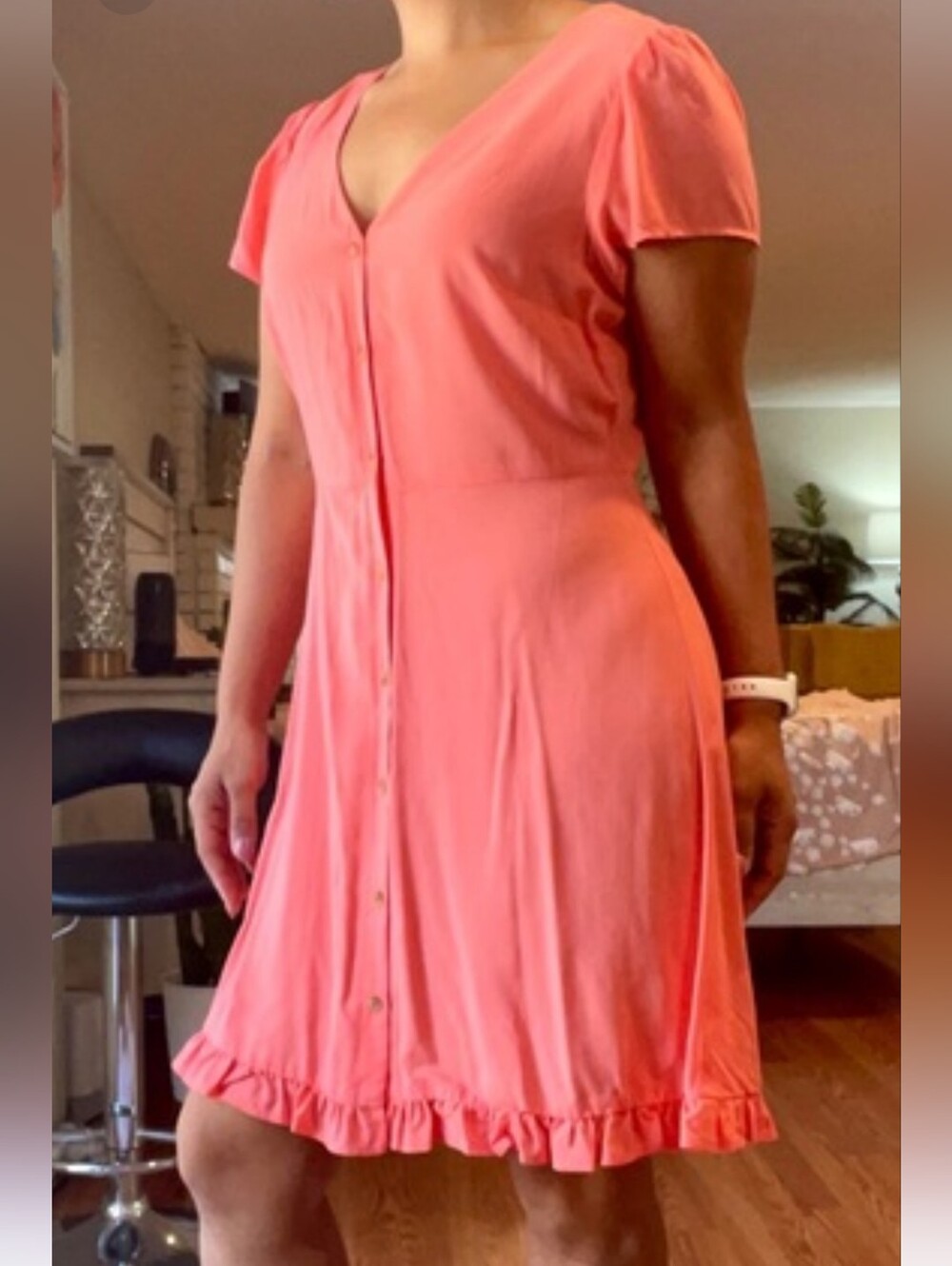 LOFT Coral Button-Front V-Neck Mini Dress with Ruffle Hem